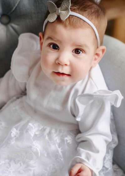 Chanel koronkowa sukienka na chrzest dla dziewczynki